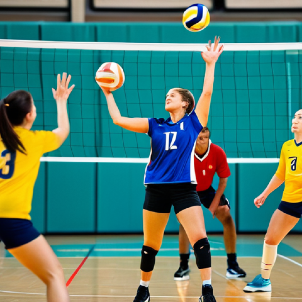 A dynamic shot of a diverse group of adult volleyball players, mixed gender, engaged in a professional game on a brightly lit indoor court. One player is in mid-air, performing a powerful spike, while teammates are perfectly positioned to support the play. All players are fully clothed in modest and appropriate athletic attire, including well-fitting sports jerseys, knee-length shorts, and athletic shoes. The focus is on the energetic action and collaborative team spirit. The background features blurred spectators or professional sports facility elements, conveying a vibrant atmosphere. Professional sports photography, sharp focus, vibrant colors, perfect anatomy, correct proportions, natural pose, well-formed hands, proper finger count, natural body proportions, safe for work, appropriate content, family-friendly, professional.