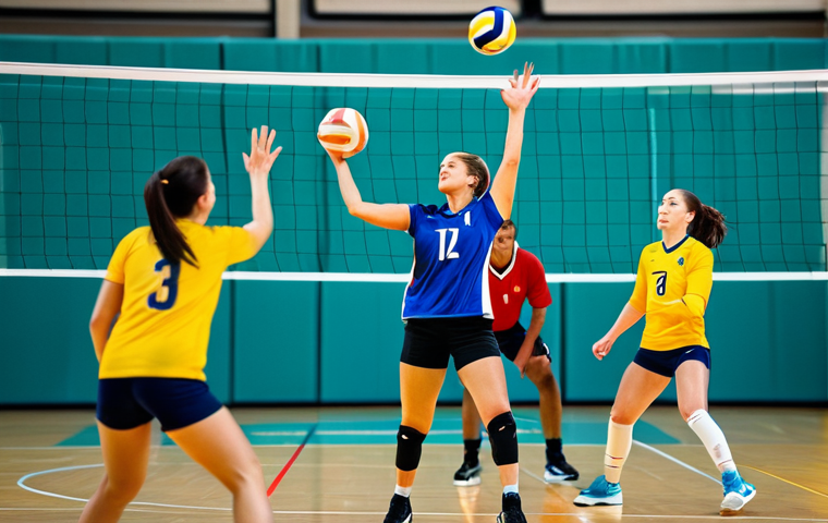 A dynamic shot of a diverse group of adult volleyball players, mixed gender, engaged in a professional game on a brightly lit indoor court. One player is in mid-air, performing a powerful spike, while teammates are perfectly positioned to support the play. All players are fully clothed in modest and appropriate athletic attire, including well-fitting sports jerseys, knee-length shorts, and athletic shoes. The focus is on the energetic action and collaborative team spirit. The background features blurred spectators or professional sports facility elements, conveying a vibrant atmosphere. Professional sports photography, sharp focus, vibrant colors, perfect anatomy, correct proportions, natural pose, well-formed hands, proper finger count, natural body proportions, safe for work, appropriate content, family-friendly, professional.