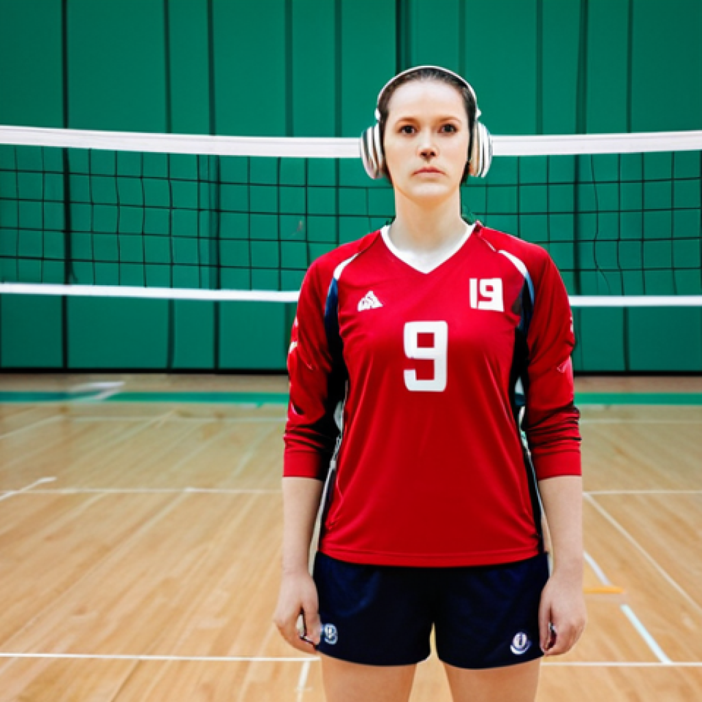 A focused professional female volleyball player in a modest, fully clothed, team uniform, wearing headphones, standing on a bright, modern indoor volleyball court. She is in a natural pose, looking determined and ready for action. The scene captures the adrenaline and mental preparation before a game. Perfect anatomy, correct proportions, natural body proportions, well-formed hands, proper finger count. Professional photography, high quality, safe for work, appropriate content, family-friendly, appropriate attire.
