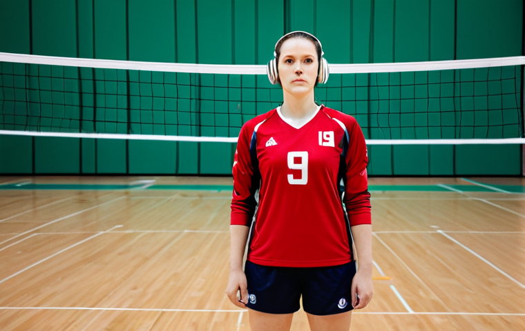 A focused professional female volleyball player in a modest, fully clothed, team uniform, wearing headphones, standing on a bright, modern indoor volleyball court. She is in a natural pose, looking determined and ready for action. The scene captures the adrenaline and mental preparation before a game. Perfect anatomy, correct proportions, natural body proportions, well-formed hands, proper finger count. Professional photography, high quality, safe for work, appropriate content, family-friendly, appropriate attire.