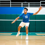 A professional adult male volleyball player in a modest, modern team uniform, mid-action, executing a powerful yet precise jump serve on a brightly lit indoor volleyball court. The athlete's body is in a dynamic, natural pose, demonstrating perfect technique and full concentration. The background features blurred court lines and distant seating, suggesting an active sports environment. Fully clothed, appropriate attire, safe for work, perfect anatomy, correct proportions, well-formed hands, proper finger count, natural body proportions, professional photography, high quality, professional.