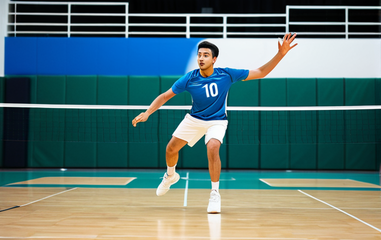 A professional adult male volleyball player in a modest, modern team uniform, mid-action, executing a powerful yet precise jump serve on a brightly lit indoor volleyball court. The athlete's body is in a dynamic, natural pose, demonstrating perfect technique and full concentration. The background features blurred court lines and distant seating, suggesting an active sports environment. Fully clothed, appropriate attire, safe for work, perfect anatomy, correct proportions, well-formed hands, proper finger count, natural body proportions, professional photography, high quality, professional.