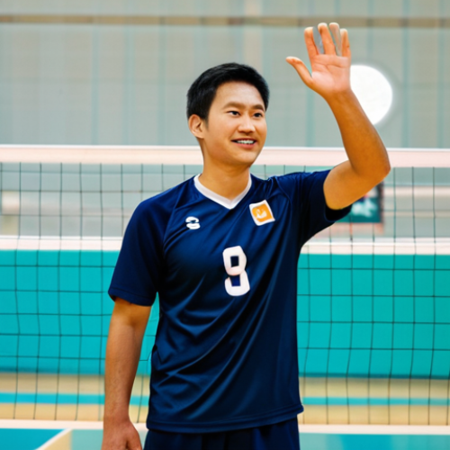 A male professional volleyball player in a modest and appropriate team uniform, on an indoor volleyball court. He is calmly raising his hand to acknowledge a touch on the block, demonstrating honesty and sportsmanship. His opponent, also fully clothed in a professional team uniform, is nodding in acknowledgment. The background shows a blurred, appreciative audience. Perfect anatomy, correct proportions, natural pose, well-formed hands, proper finger count, natural body proportions. Professional photography, high detail, vibrant colors, soft lighting, safe for work, appropriate content, fully clothed, family-friendly.