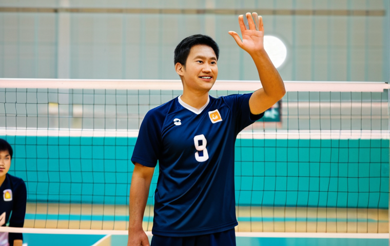 A male professional volleyball player in a modest and appropriate team uniform, on an indoor volleyball court. He is calmly raising his hand to acknowledge a touch on the block, demonstrating honesty and sportsmanship. His opponent, also fully clothed in a professional team uniform, is nodding in acknowledgment. The background shows a blurred, appreciative audience. Perfect anatomy, correct proportions, natural pose, well-formed hands, proper finger count, natural body proportions. Professional photography, high detail, vibrant colors, soft lighting, safe for work, appropriate content, fully clothed, family-friendly.