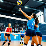 **

"A professional volleyball team in action during a match in a modern indoor arena. The players are wearing fully clothed, modest athletic uniforms in vibrant team colors. Focus on teamwork and dynamic movement. Perfect anatomy, correct proportions, natural pose, safe for work, appropriate content, professional sportswear."

**
