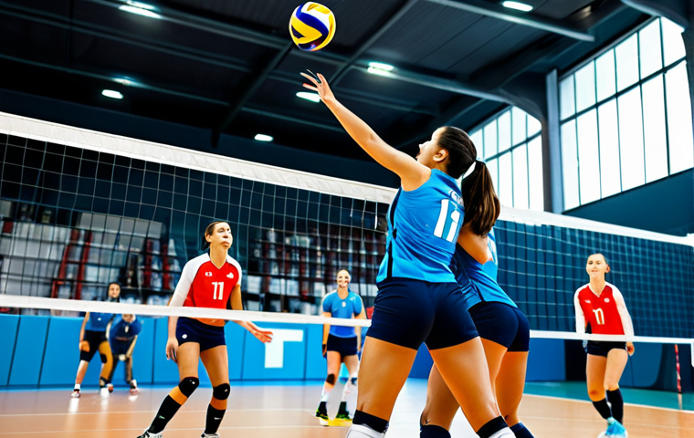 **

"A professional volleyball team in action during a match in a modern indoor arena. The players are wearing fully clothed, modest athletic uniforms in vibrant team colors. Focus on teamwork and dynamic movement. Perfect anatomy, correct proportions, natural pose, safe for work, appropriate content, professional sportswear."

**