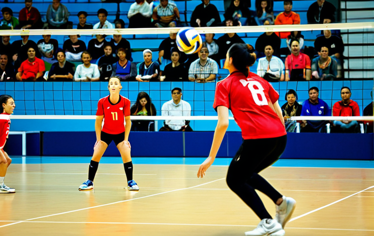 Dynamic Volleyball Action**

"A volleyball game in progress, showing a player spiking the ball with power and athleticism, fully clothed in sports attire, perfect anatomy, correct proportions, natural pose. The background features a modern indoor volleyball court with spectators. Dynamic action shot, safe for work, appropriate content, professional sports photography, high quality, modest sportswear."

**
