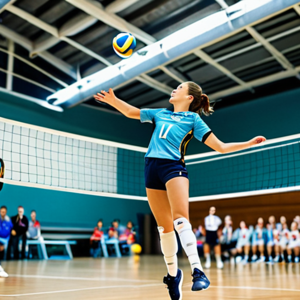**

A volleyball player, mid-jump, about to spike the ball. She's wearing a professional volleyball uniform, fully clothed, in a brightly lit indoor gymnasium. Background shows teammates and a blurred opposing team. Safe for work, appropriate content, perfect anatomy, natural pose, high quality, professional sports photography.

**