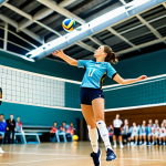 **

A volleyball player, mid-jump, about to spike the ball. She's wearing a professional volleyball uniform, fully clothed, in a brightly lit indoor gymnasium. Background shows teammates and a blurred opposing team. Safe for work, appropriate content, perfect anatomy, natural pose, high quality, professional sports photography.

**
