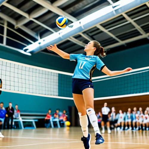**

A volleyball player, mid-jump, about to spike the ball. She's wearing a professional volleyball uniform, fully clothed, in a brightly lit indoor gymnasium. Background shows teammates and a blurred opposing team. Safe for work, appropriate content, perfect anatomy, natural pose, high quality, professional sports photography.

**
