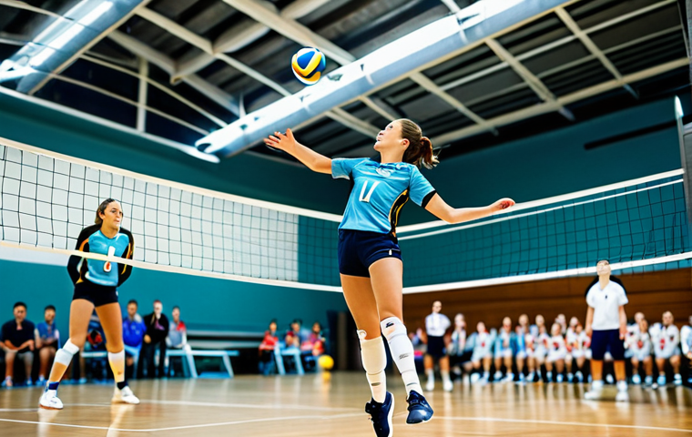 **

A volleyball player, mid-jump, about to spike the ball. She's wearing a professional volleyball uniform, fully clothed, in a brightly lit indoor gymnasium. Background shows teammates and a blurred opposing team. Safe for work, appropriate content, perfect anatomy, natural pose, high quality, professional sports photography.

**