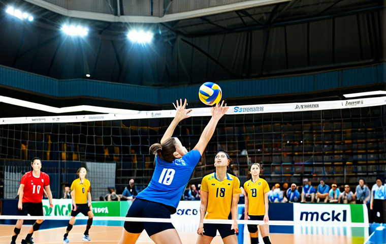 Volleyball Action**

"A dynamic volleyball match in progress, featuring fully clothed athletes in action. One team is spiking the ball over the net, while the opposing team is attempting a block. The setting is a modern indoor volleyball arena with bright lighting and spectators in the background. The players are wearing professional volleyball uniforms, appropriate attire, safe for work. Focus on athletic skill and teamwork. Perfect anatomy, correct proportions, natural pose, well-formed hands, proper finger count, natural body proportions, high quality, professional, family-friendly."

**