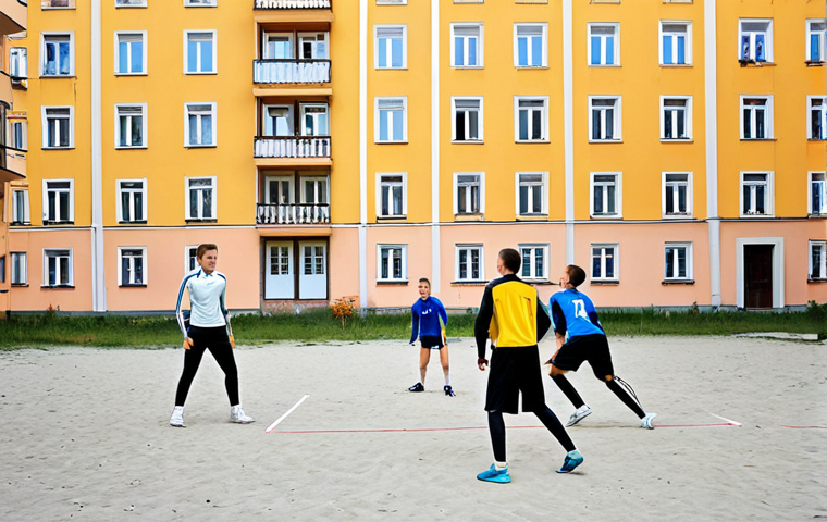 배구의 인기 상승과 이유 - **Prompt:** A group of fully clothed young adults playing amateur volleyball on a sunny day in a typ...