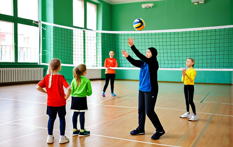 배구의 인기 상승과 이유 - **Prompt:** A group of fully clothed young adults playing amateur volleyball on a sunny day in a typ...