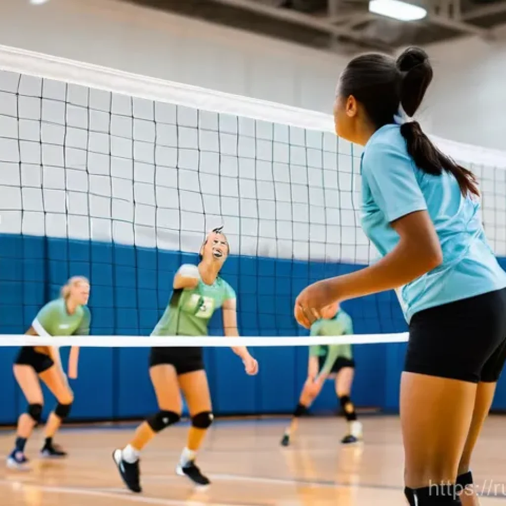 배구 관련 동호회 활동 - A vibrant indoor volleyball court filled with diverse adult players, men and women ranging from thei...
