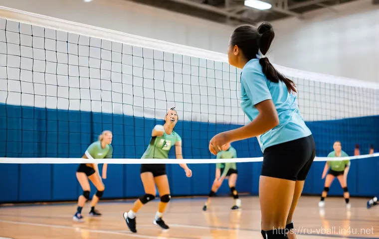 배구 관련 동호회 활동 - A vibrant indoor volleyball court filled with diverse adult players, men and women ranging from thei...
