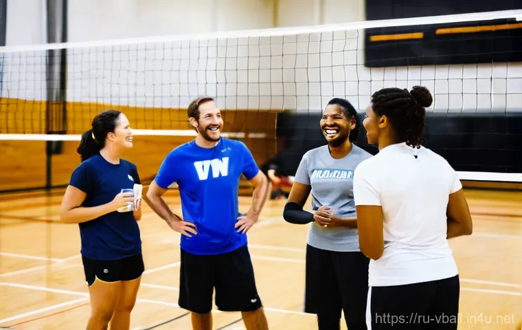 배구 관련 동호회 활동 - A close-up, dynamic action shot of two adult female volleyball players, one in her 40s and another i...