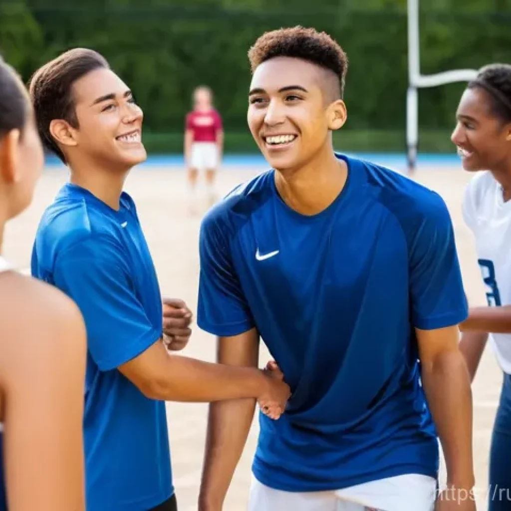 배구 훈련소 후기 - **Vibrant Arrival at a Professional Volleyball Camp:** A diverse group of young adult volleyball pla...