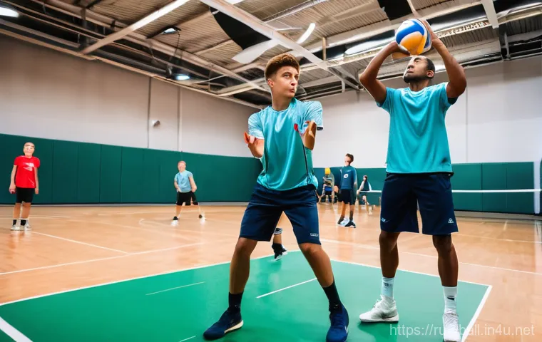 배구 훈련소 후기 - **Vibrant Arrival at a Professional Volleyball Camp:** A diverse group of young adult volleyball pla...