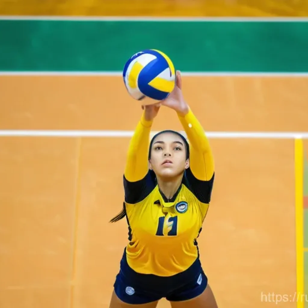 배구 전술 용어 해설 - A dynamic, close-up shot of a female volleyball setter in action on a professional indoor court. She...