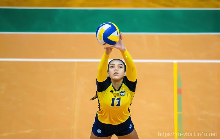 배구 전술 용어 해설 - A dynamic, close-up shot of a female volleyball setter in action on a professional indoor court. She...