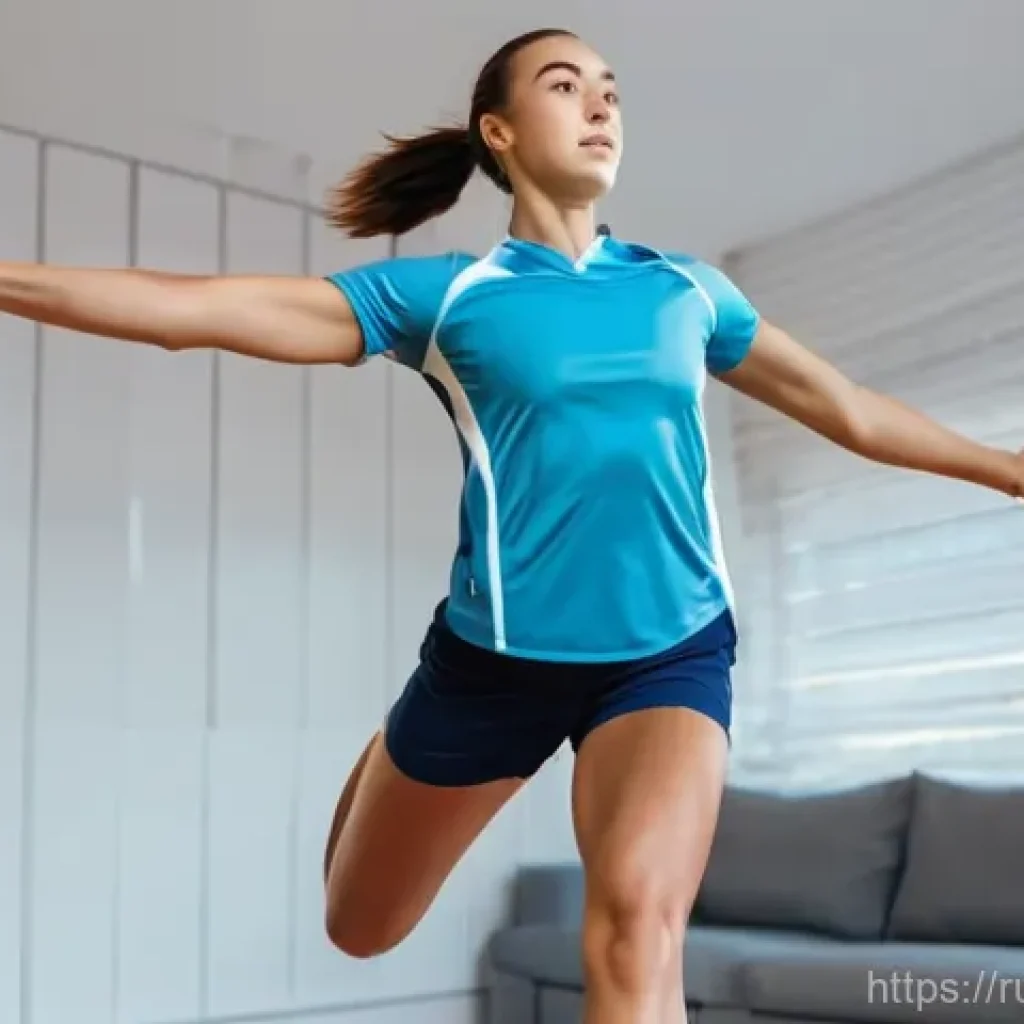 배구 교본 다운로드 - A determined young female volleyball player, mid-action during a home workout session. She is wearin...