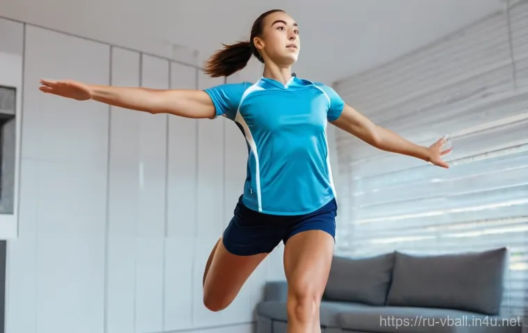배구 교본 다운로드 - A determined young female volleyball player, mid-action during a home workout session. She is wearin...