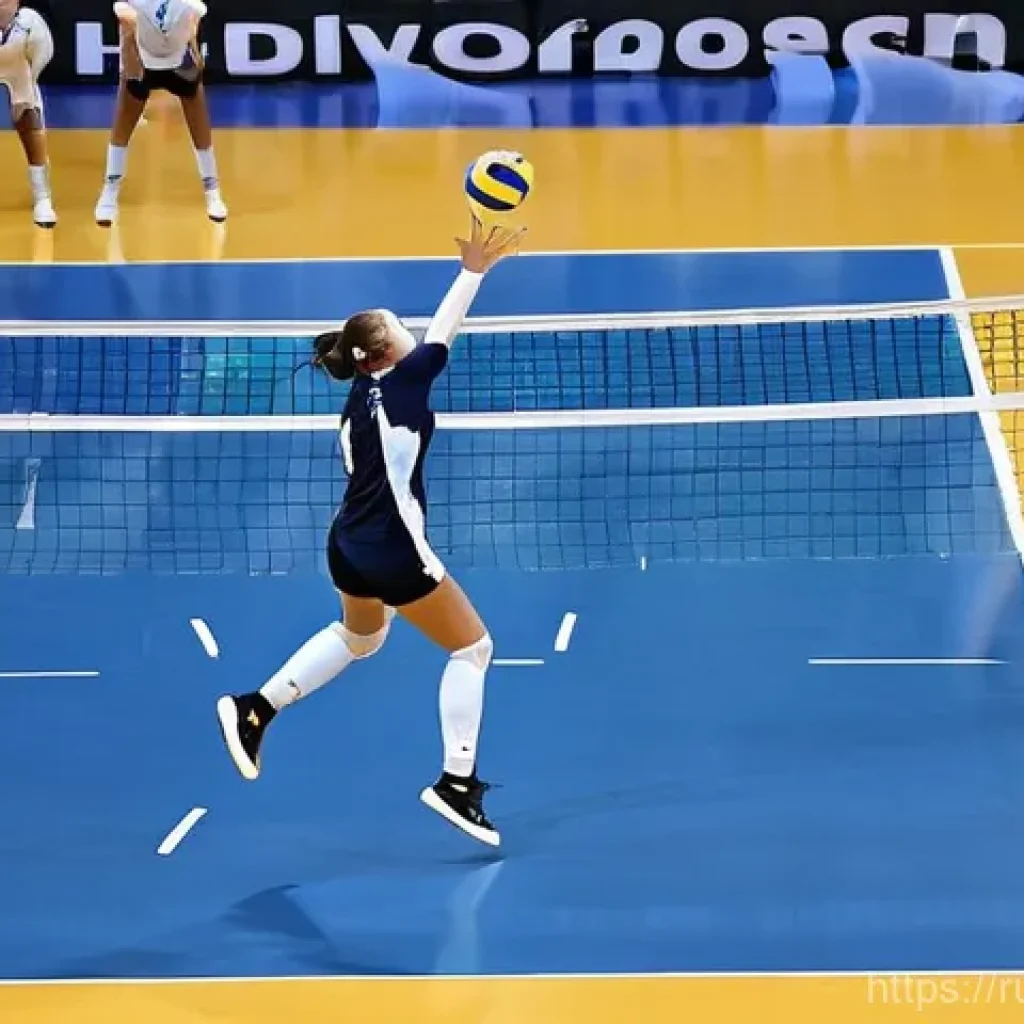 배구 코트 규격 - 43 meters for men's play). The 3-meter attacking line and the middle line are sharply defined on a p...