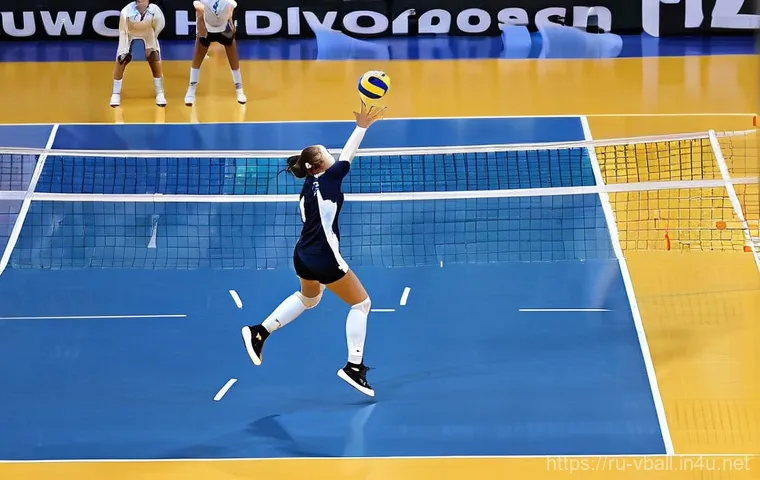 배구 코트 규격 - 43 meters for men's play). The 3-meter attacking line and the middle line are sharply defined on a p...