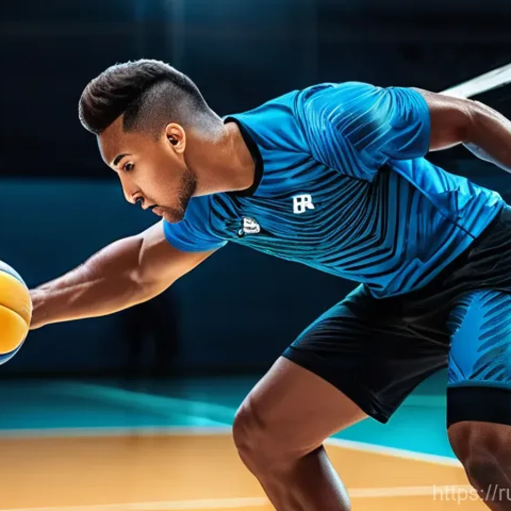 배구 유니폼 구매 시 체크리스트 - **A highly detailed image of a male volleyball player in mid-air, performing a powerful spike. He is...
