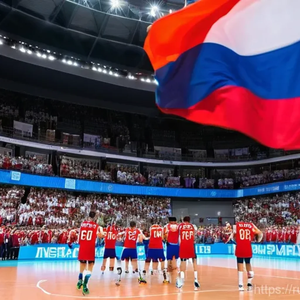 배구 경기에서의 팀 응원 - A wide-angle shot of a packed indoor volleyball arena in Russia during an intense match. Thousands o...