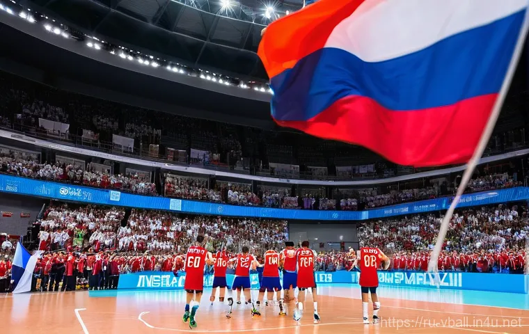 배구 경기에서의 팀 응원 - A wide-angle shot of a packed indoor volleyball arena in Russia during an intense match. Thousands o...