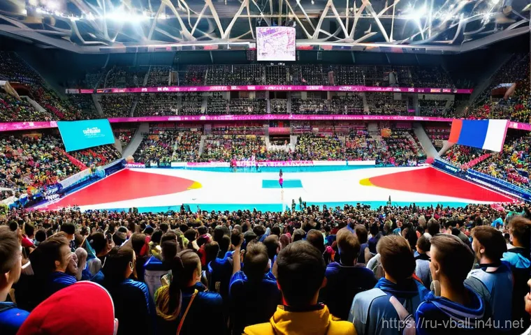 배구 경기에서의 팀 응원 - A wide-angle shot of a packed indoor volleyball arena in Russia during an intense match. Thousands o...
