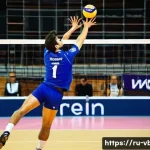 배구 리그 별 특징 - **Italian Serie A1: The Ballet of Precision**
An indoor, eye-level, full-shot of a professional ...