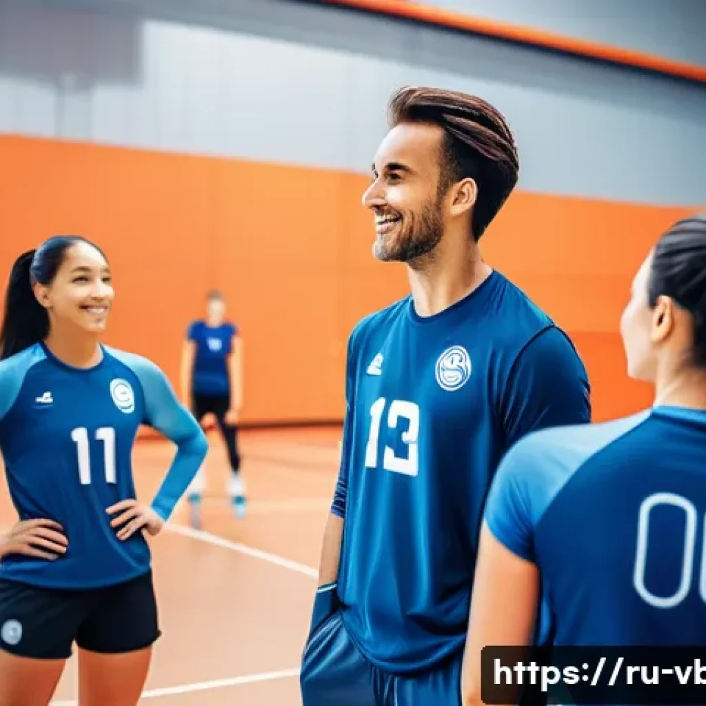 배구 코칭 철학과 원칙 - A dynamic volleyball team training session in a modern indoor gym, showing a diverse group of athlet...