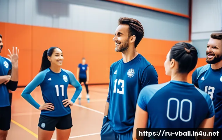 배구 코칭 철학과 원칙 - A dynamic volleyball team training session in a modern indoor gym, showing a diverse group of athlet...