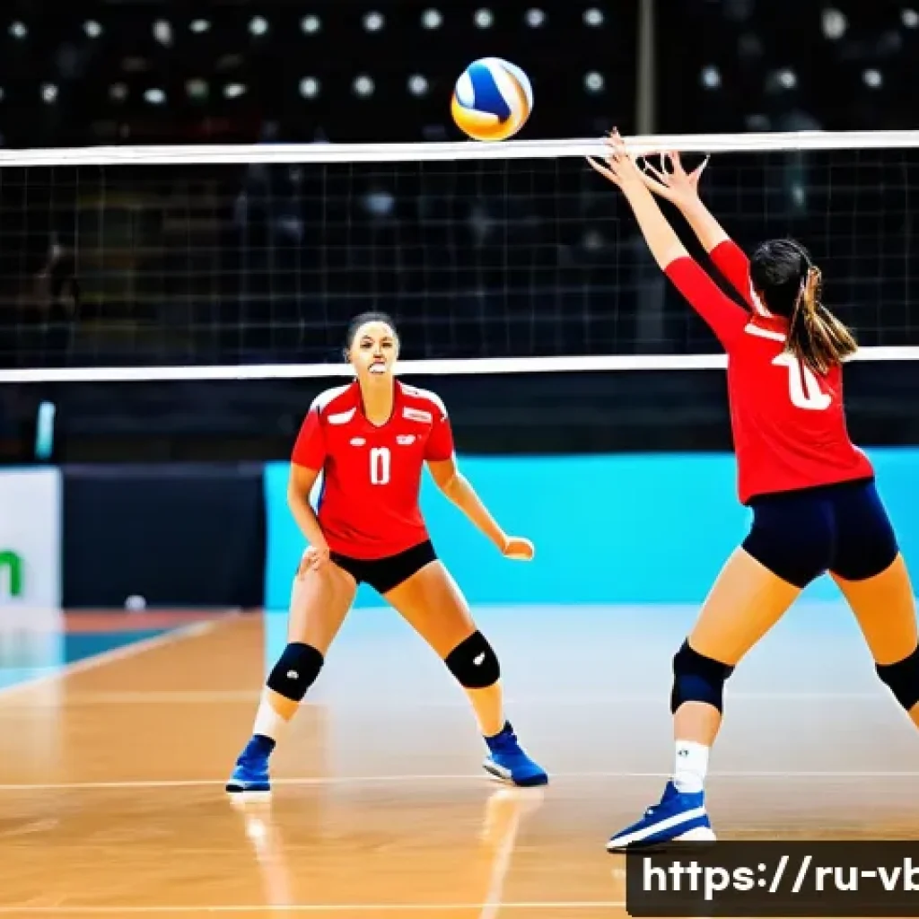배구 경기에서의 포지션 전환 - A dynamic volleyball court scene showing six players in mid-game position shifts: a libero in a dist...