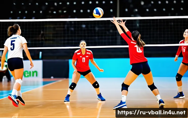 배구 경기에서의 포지션 전환 - A dynamic volleyball court scene showing six players in mid-game position shifts: a libero in a dist...