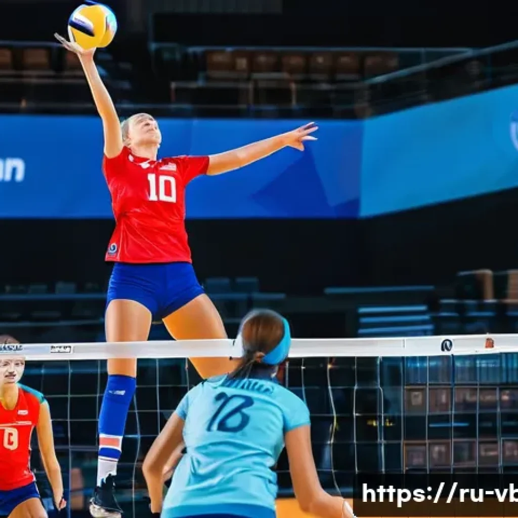 배구 국제 규정 개정 사항 - A dynamic volleyball match scene in a professional indoor arena filled with attentive Russian-speaki...