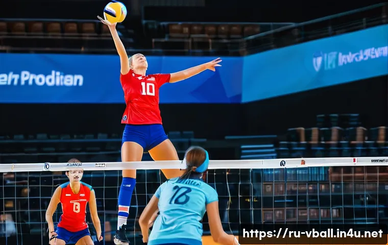 배구 국제 규정 개정 사항 - A dynamic volleyball match scene in a professional indoor arena filled with attentive Russian-speaki...