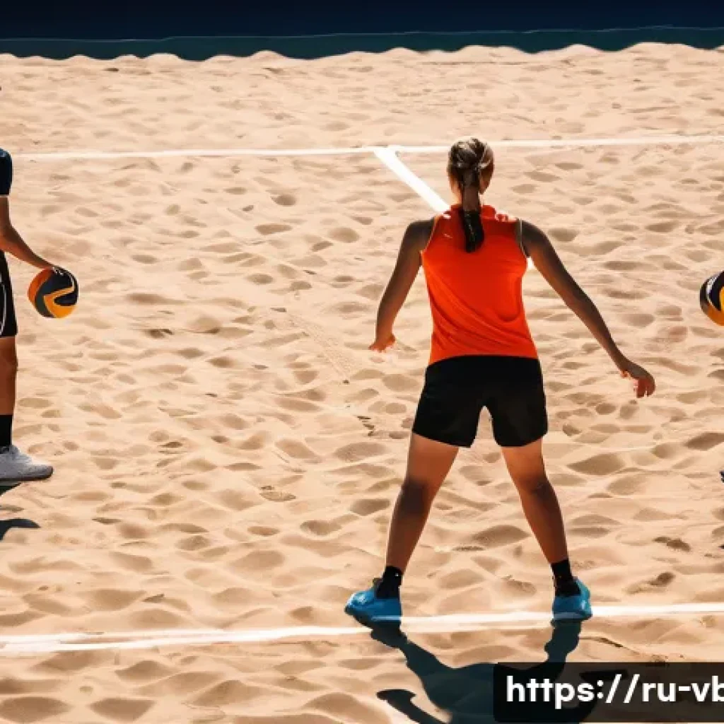 배구 훈련 시 날씨 영향 - A detailed scene of an outdoor volleyball training session in hot weather above 30&deg;C, showing a dive...