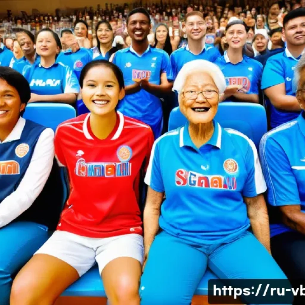 배구 경기 관람 매너 - A diverse group of enthusiastic volleyball fans seated in a modern stadium, showing respectful behav...