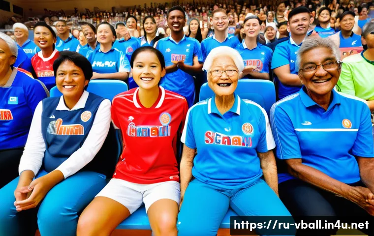 배구 경기 관람 매너 - A diverse group of enthusiastic volleyball fans seated in a modern stadium, showing respectful behav...