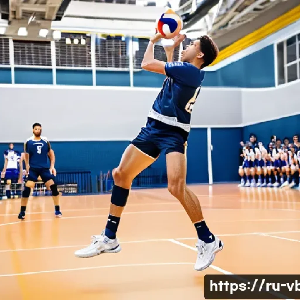 배구 경기 규칙 시험 - A dynamic volleyball scene showing a male player performing a powerful jump serve from behind the ba...