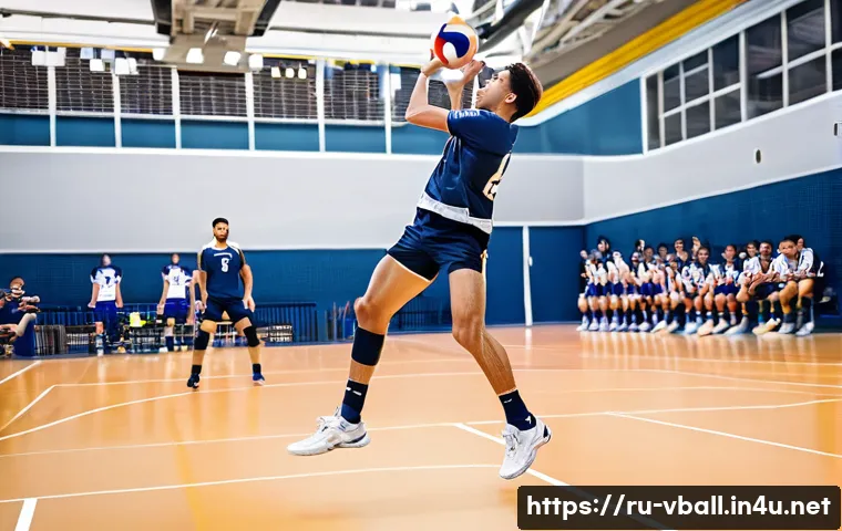 배구 경기 규칙 시험 - A dynamic volleyball scene showing a male player performing a powerful jump serve from behind the ba...