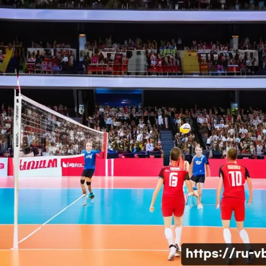 배구의 글로벌 영향 - A vibrant scene of a European indoor volleyball match in a large, modern arena filled with enthusias...