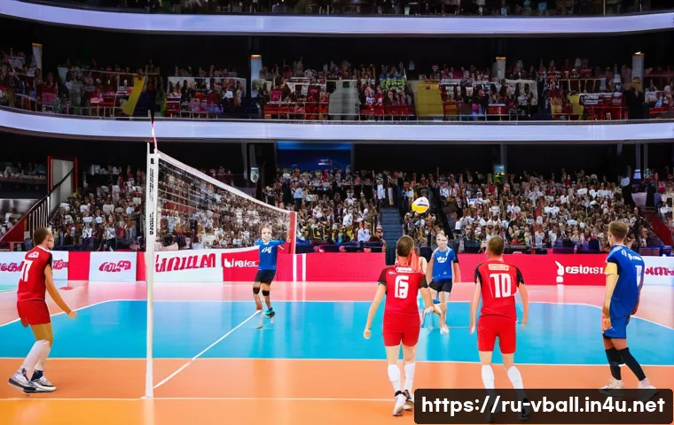 배구의 글로벌 영향 - A vibrant scene of a European indoor volleyball match in a large, modern arena filled with enthusias...