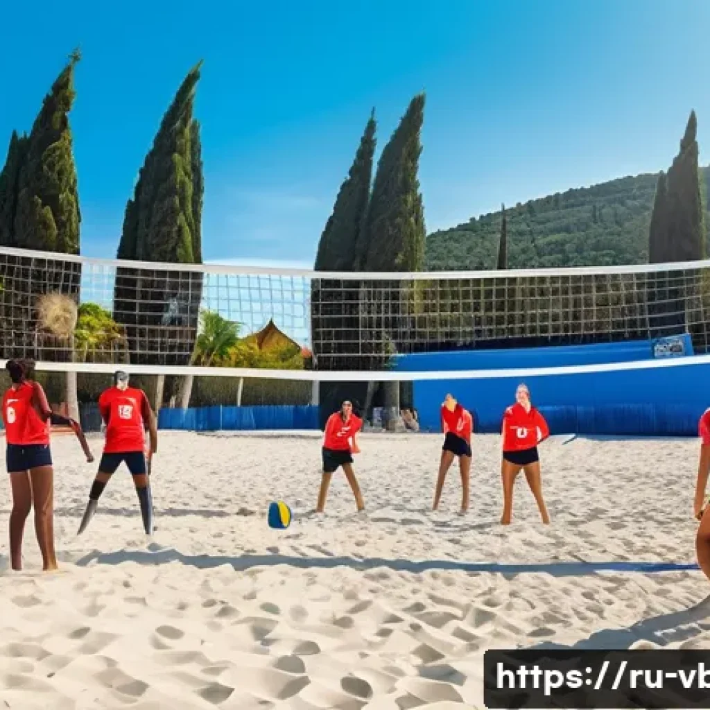 배구 해외 캠프 참가 방법 - A vibrant international volleyball training camp scene set on a sunny beach in Croatia, showing dive...