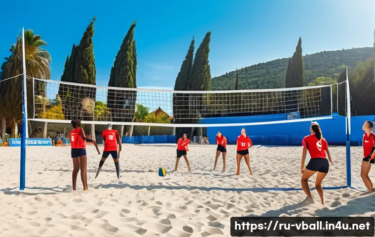 배구 해외 캠프 참가 방법 - A vibrant international volleyball training camp scene set on a sunny beach in Croatia, showing dive...