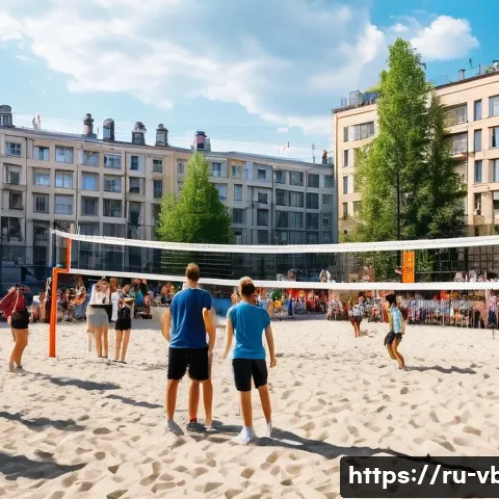 배구 관련 문화 행사 - A vibrant outdoor volleyball festival scene in Moscow during a sunny day, featuring diverse particip...